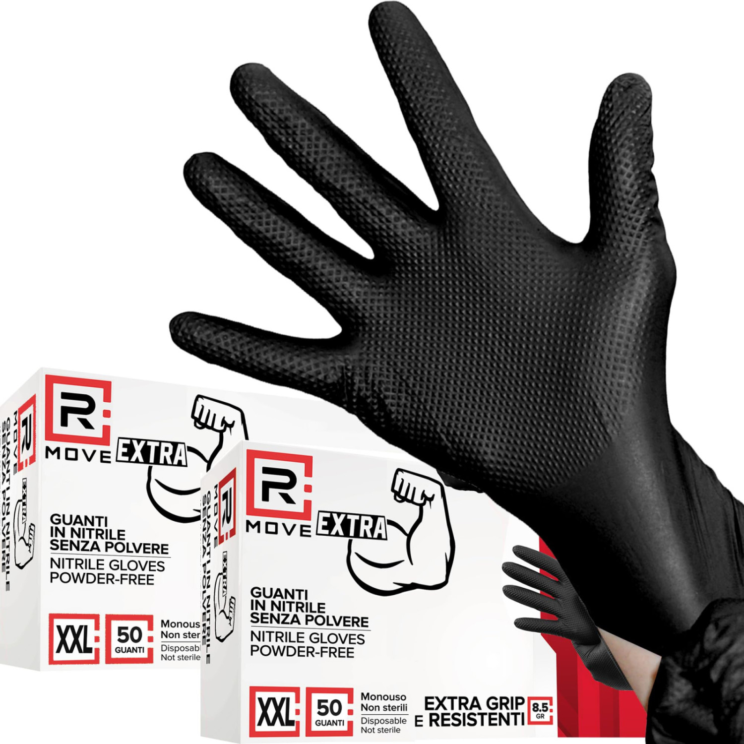R Move Nitrilhandschuhe Schwarz Puderfrei Full Grip Diamond 8,5 G - 100 Stück Größe Xxl