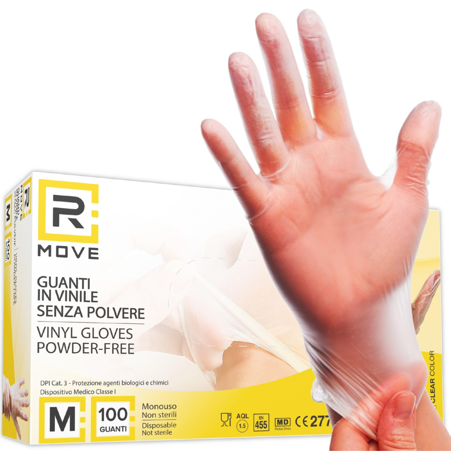 R Move Einweg-vinylhandschuhe Größe M - 100 Stück (50 Paare), Puderfrei, Latexfrei, Hypoallergen, Ambidextrous, Transparent - Für Medizin, Lebensmittel, Ästhetik, Tätowierer