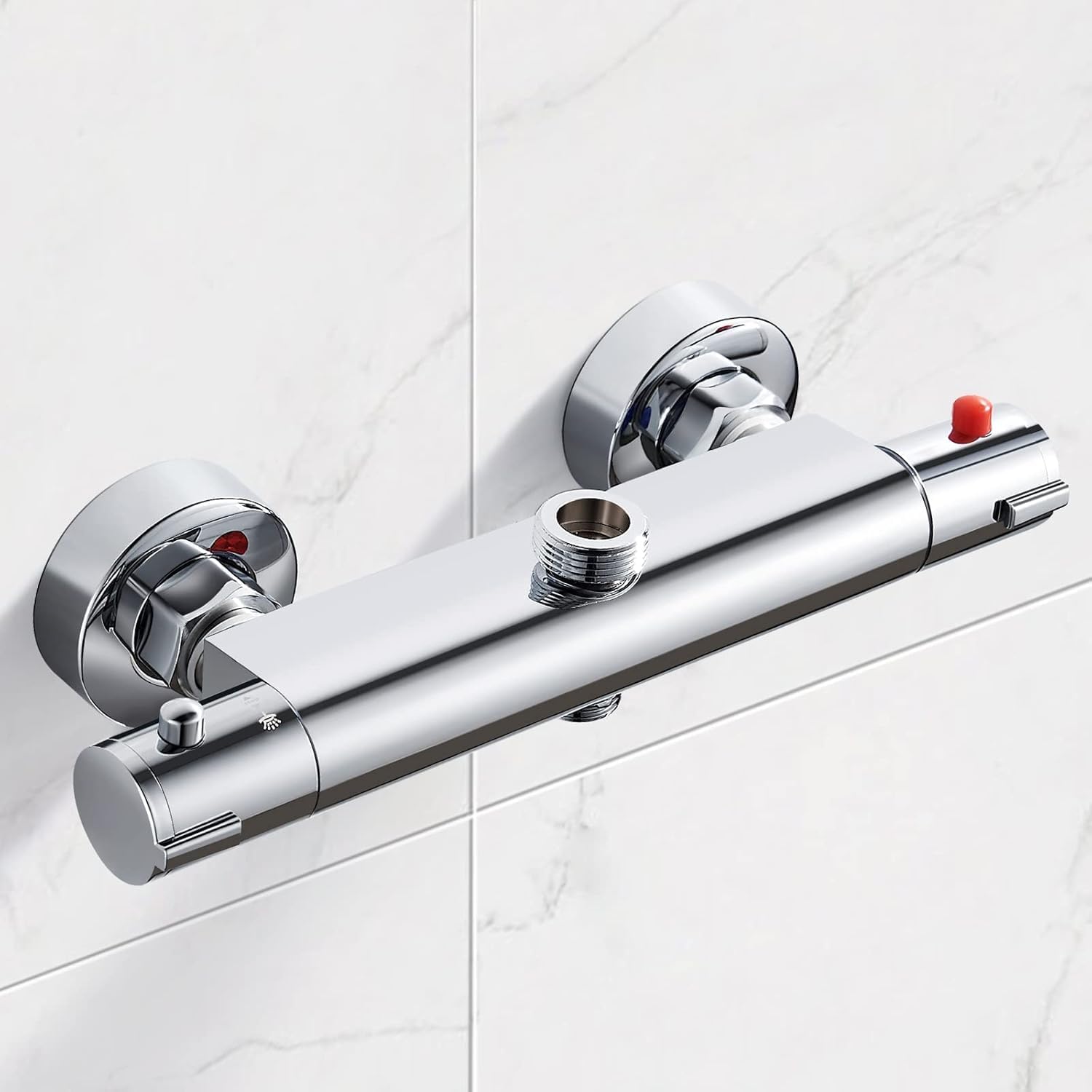 Duscharmatur Mit Thermostat, 2 Auslässe, Duschmischer, Oberer Duschhahn 3/4" Bsp (26,4 Mm) + Unterer Duschhahn 1/2" Bsp (21 Mm), Messing, Verbrühungsschutz, Verchromter Duschthermostat