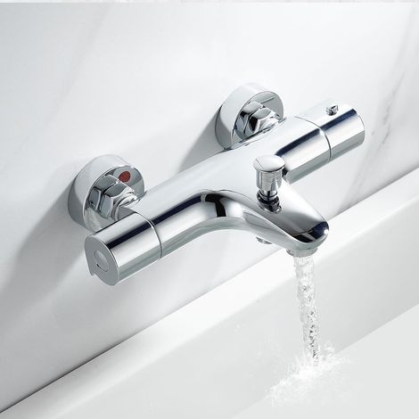 Thermostat-bademischer, Thermostat-duschmischer Aus Messing, Badarmatur Mit Sicherheitsabschaltung Bei 38 °c, Wandmontierter Duscharmatur Mit Zwei Auslässen, 150 Mm Achsabstand, Chrom