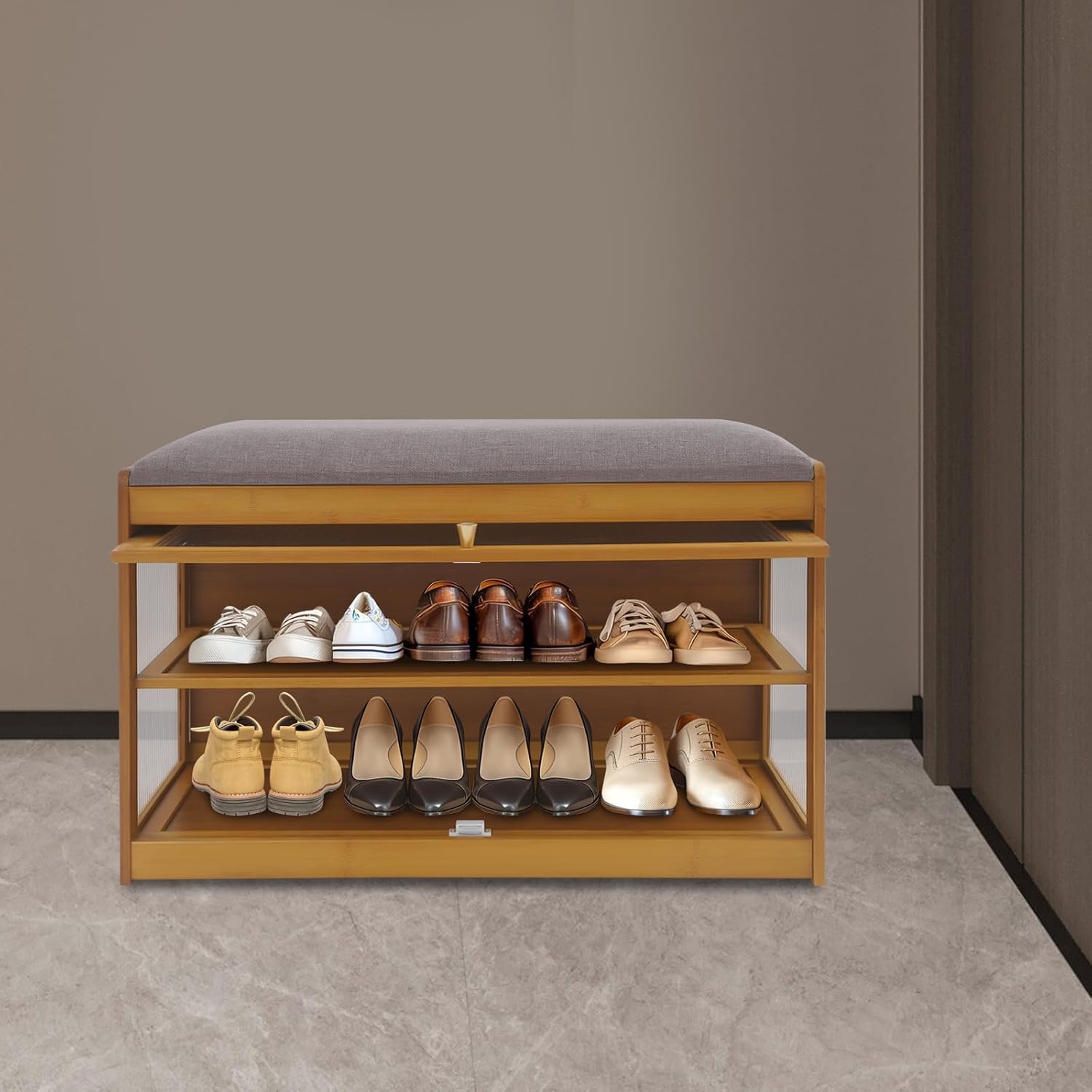 Schuhschrank Mit Sitzfläche - 2 Etagen Schuhregal Bank Mit Stauraum Und Türen Tragfähigkeit Bis 75kg Eingangsbereich Schuhbank Für Wohnzimmer Flur 70 X 42 X 32 Cm (braun)