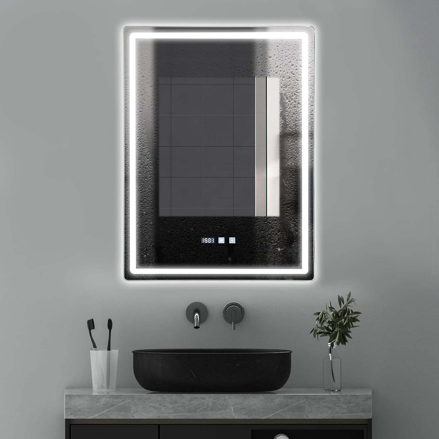 Led Badezimmerspiegel Mit Lichtern, 50x70cm, Beleuchteter Spiegel Für Badezimmerwand, Dimmbar, Beschlagfrei, Drei Lichtfarben, Vertikale Installation, Silber