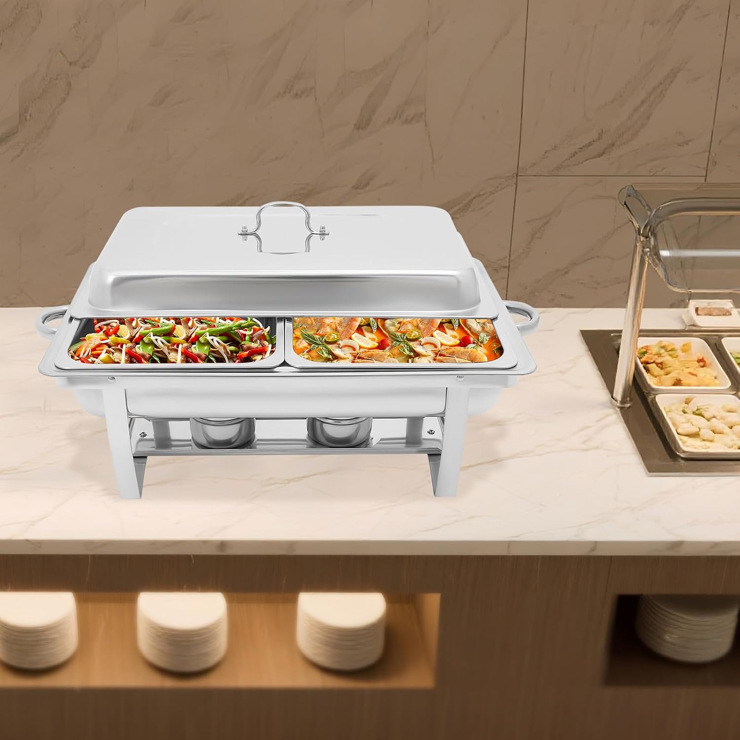 Chafing Dish 4.5l Warmhaltebehälter Edelstahl Wärmeplatte Mit Deckel Und Brennertable Für Catering, Buffet Und Party