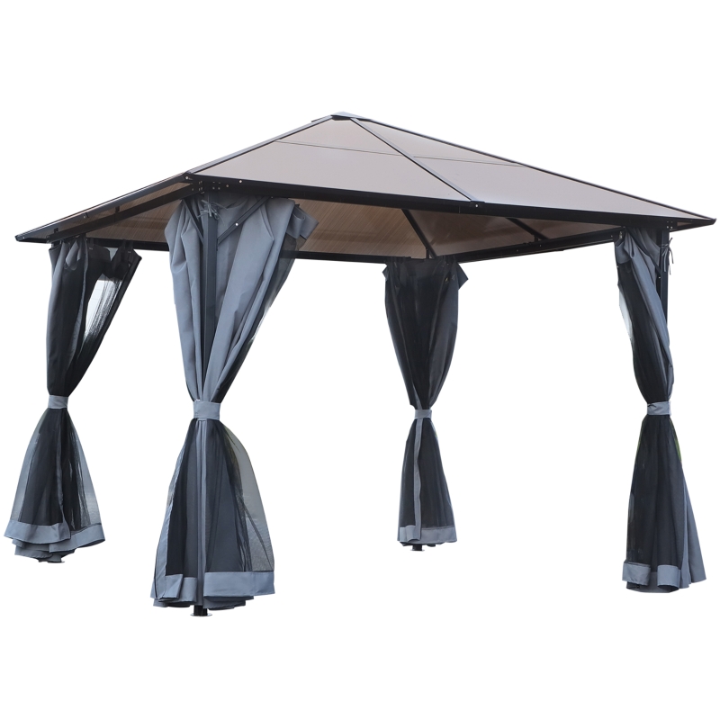 Elvmi Gartenpavillon Mit Hartdach Aus Polycarbonat, Vorhängen Und Moskitonetzen, Metall Grau, 3 X 3 M