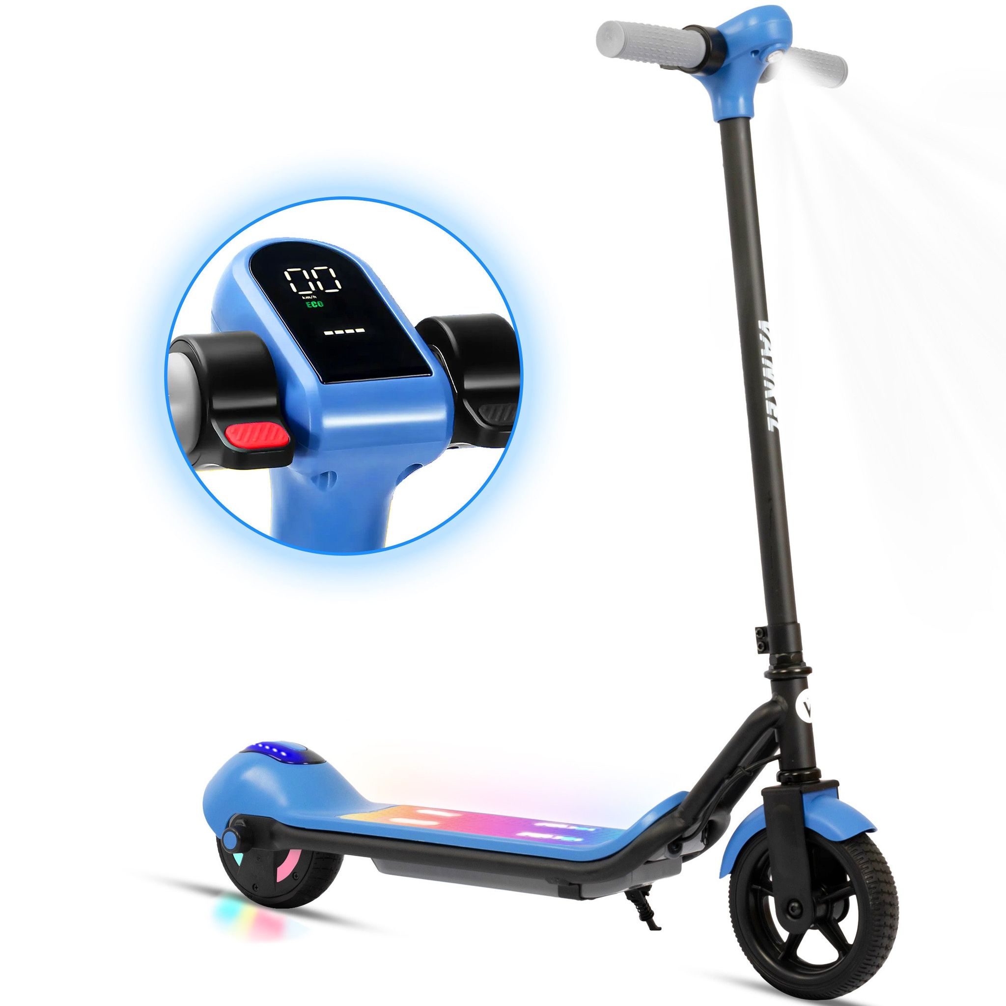 Elvmi Elektroroller Für Kinder Mit 3 Geschwindigkeiten, Elektronischer Bremse, Bluetooth Und Led, Blau