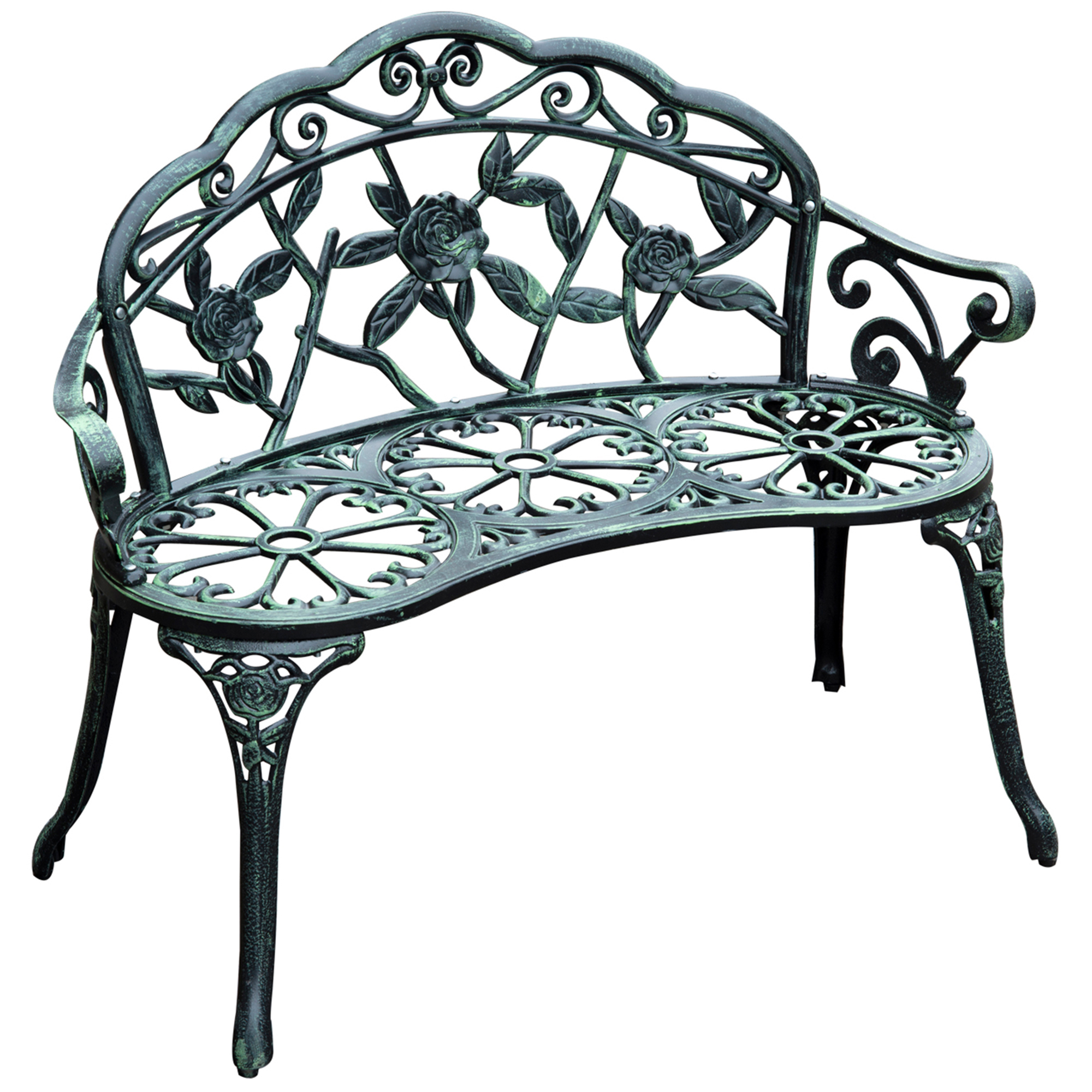 Elvmi Gartenbank 2-sitzer Mit Blumenmuster, Sitz Und Rückenlehne Aus Gussaluminium, Beine Aus Eisen, Antikgrün
