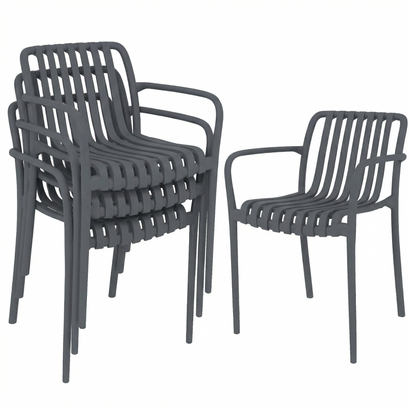 Elvmi Set Mit 4 Gartenstühlen Stapelbar Mit Armlehnen, Ergonomischer Rückenlehne, Pp-kunststoff Dunkelgrau