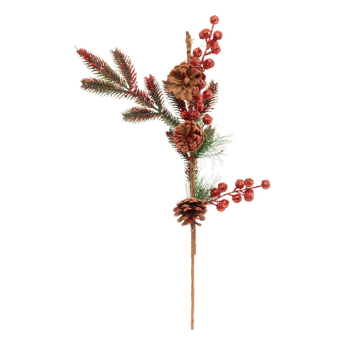Weihnachtszweig Mit Tannenbaum Und Tannenzapfen In Rot Und Gold, Höhe 60 Cm -