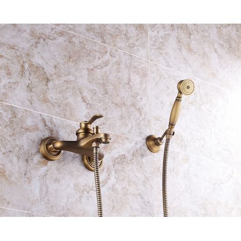 Badewannen- Und Duscharmatur Mit Handbrause, Retro-badewannenarmatur Aus Messing, 2 Löcher, 2 Griffe, Wand-brausebatterie, Gold