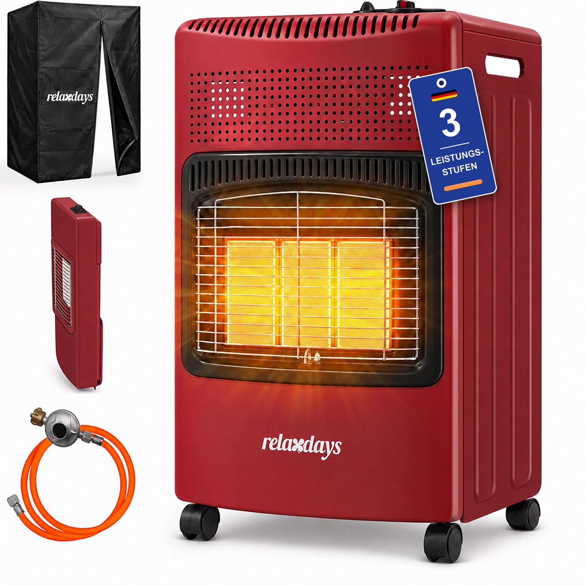 Relaxdays Gasheizofen, 3 Keramikplatten, 1500-4200 W, Innen & Außen, Rollen, Für Gasflaschen, Gasheizstrahler, Rot