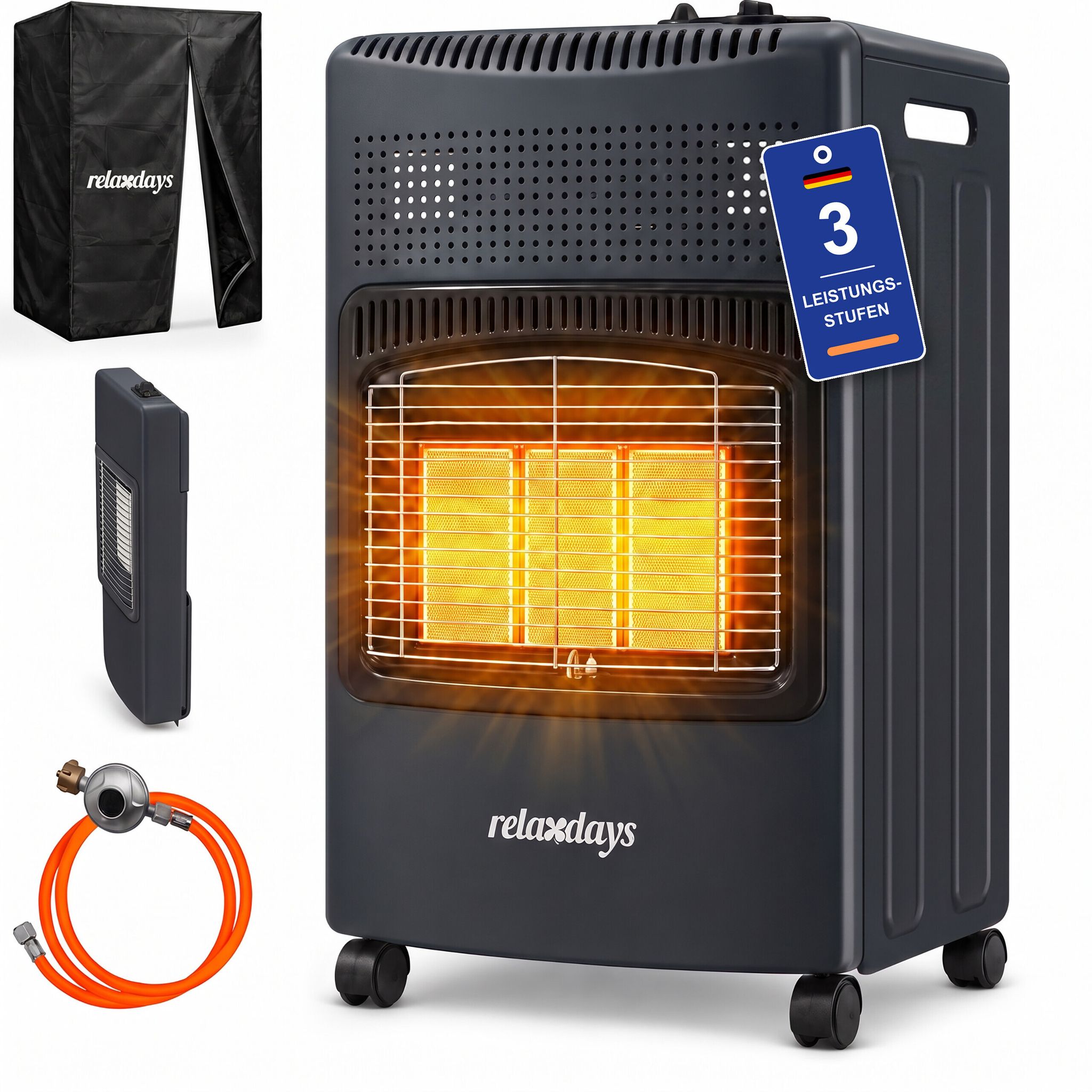 Relaxdays Gasheizofen, 3 Keramikplatten, 1500-4200 W, Innen & Außen, Rollen, Für Gasflaschen, Gasheizstrahler, Schwarz
