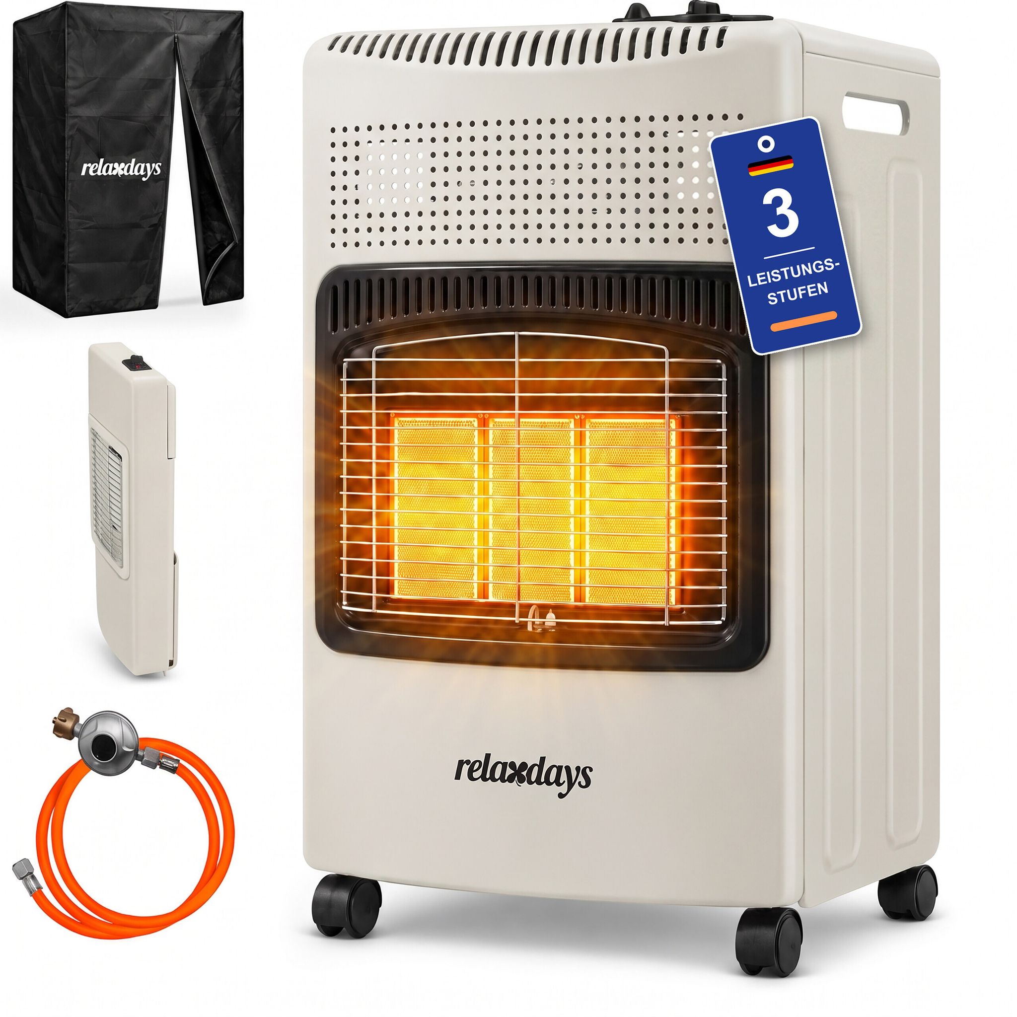 Relaxdays Gasheizofen, 3 Keramikplatten, 1500-4200 W, Innen & Außen, Rollen, Für Gasflaschen, Gasheizstrahler, Weiß