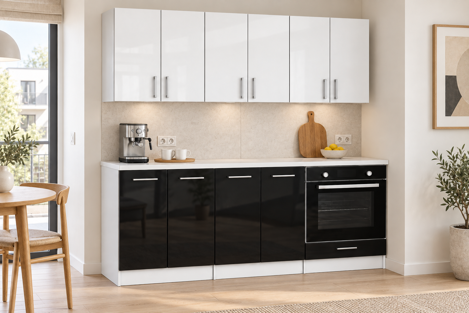 Roe Furniture Zestaw Kuchenny 180 Cm - Czarny Połysk Dół / Biały Połysk Góra - Z Białym Blatem