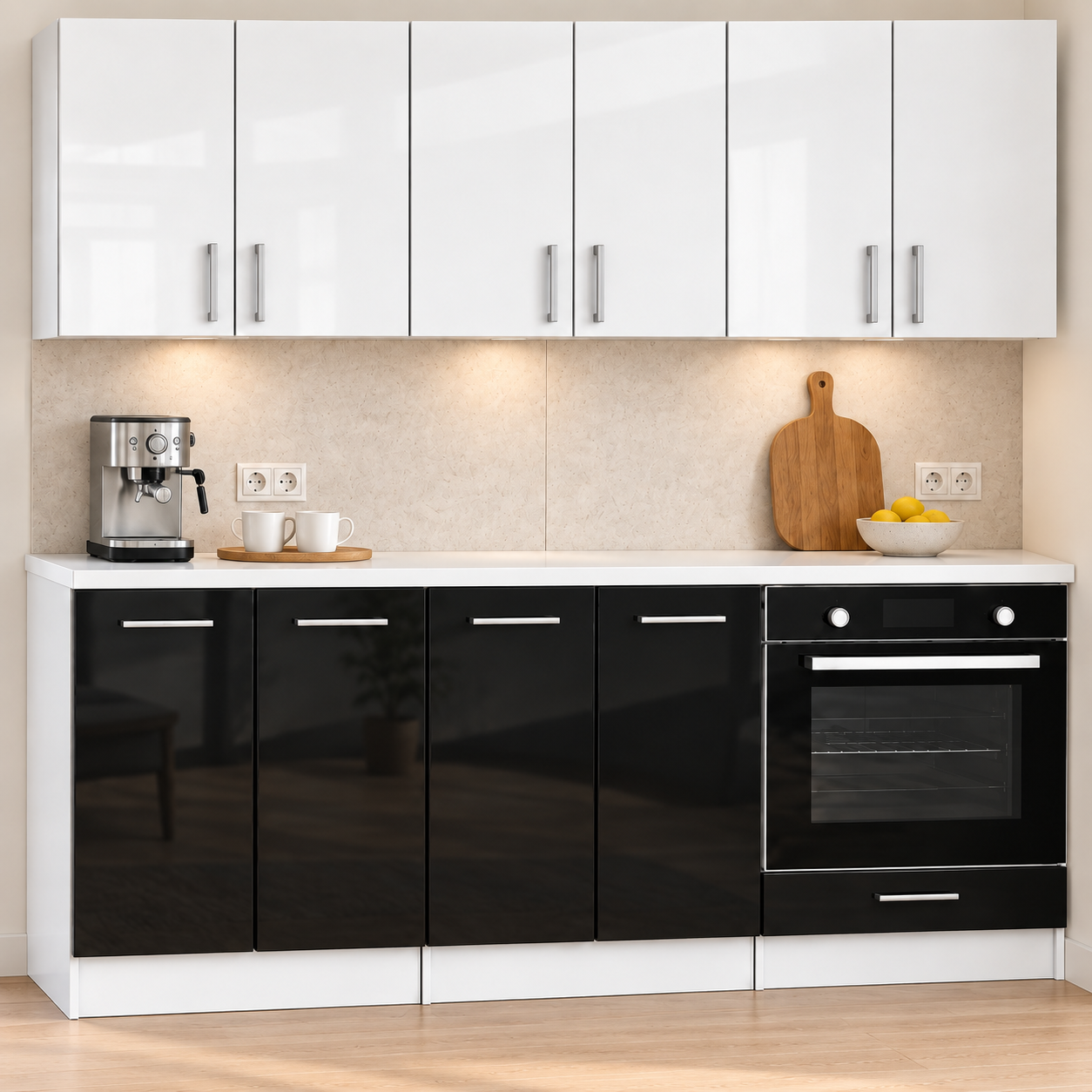Roe Furniture Zestaw Kuchenny 180 Cm - Czarny Połysk Dół / Biały Połysk Góra
