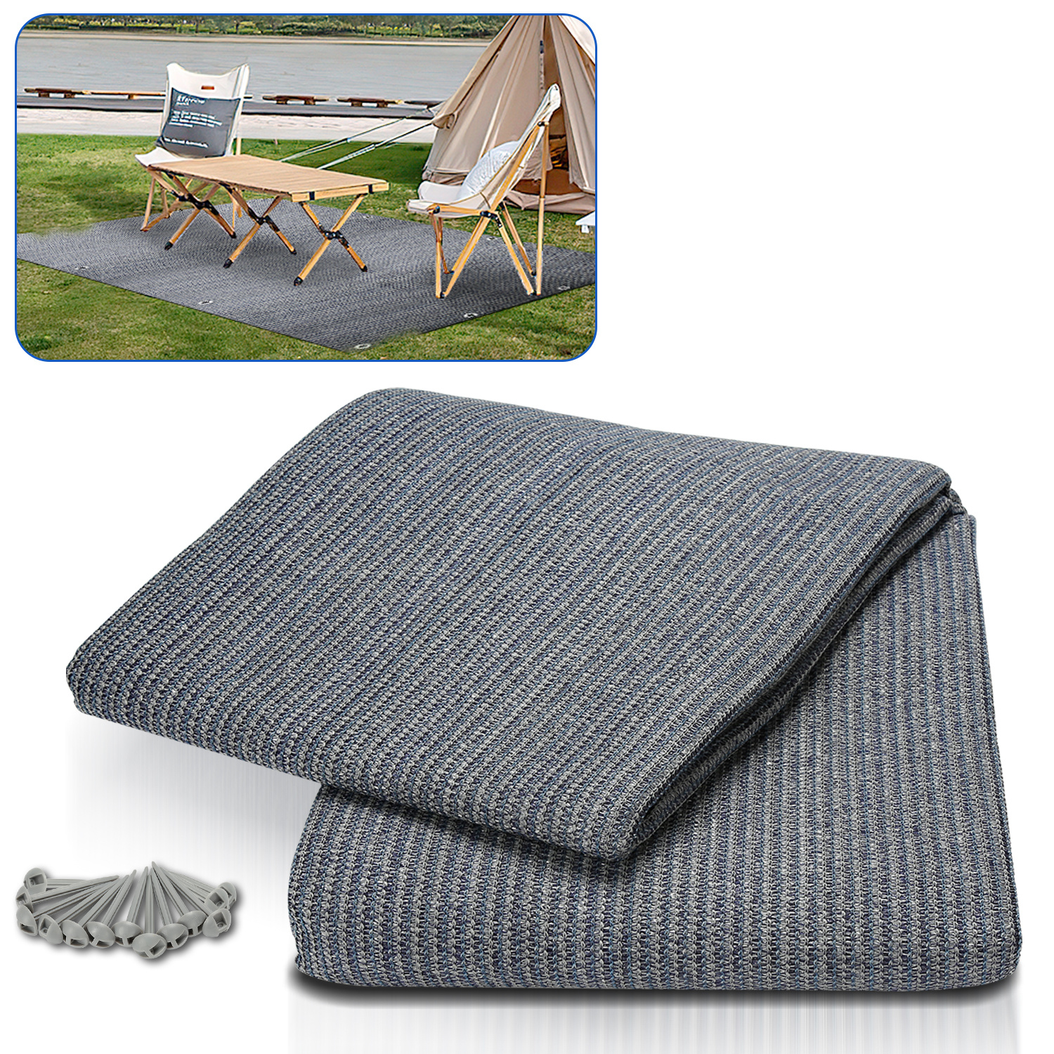 Tolletour Campingteppich Aus Hdpe, 240 G/m², Blaugrau - 200 X 200 Cm, 1 Teppich, Inkl. 13 Heringe, Uv-stabil, Beidseitig Nutzbar