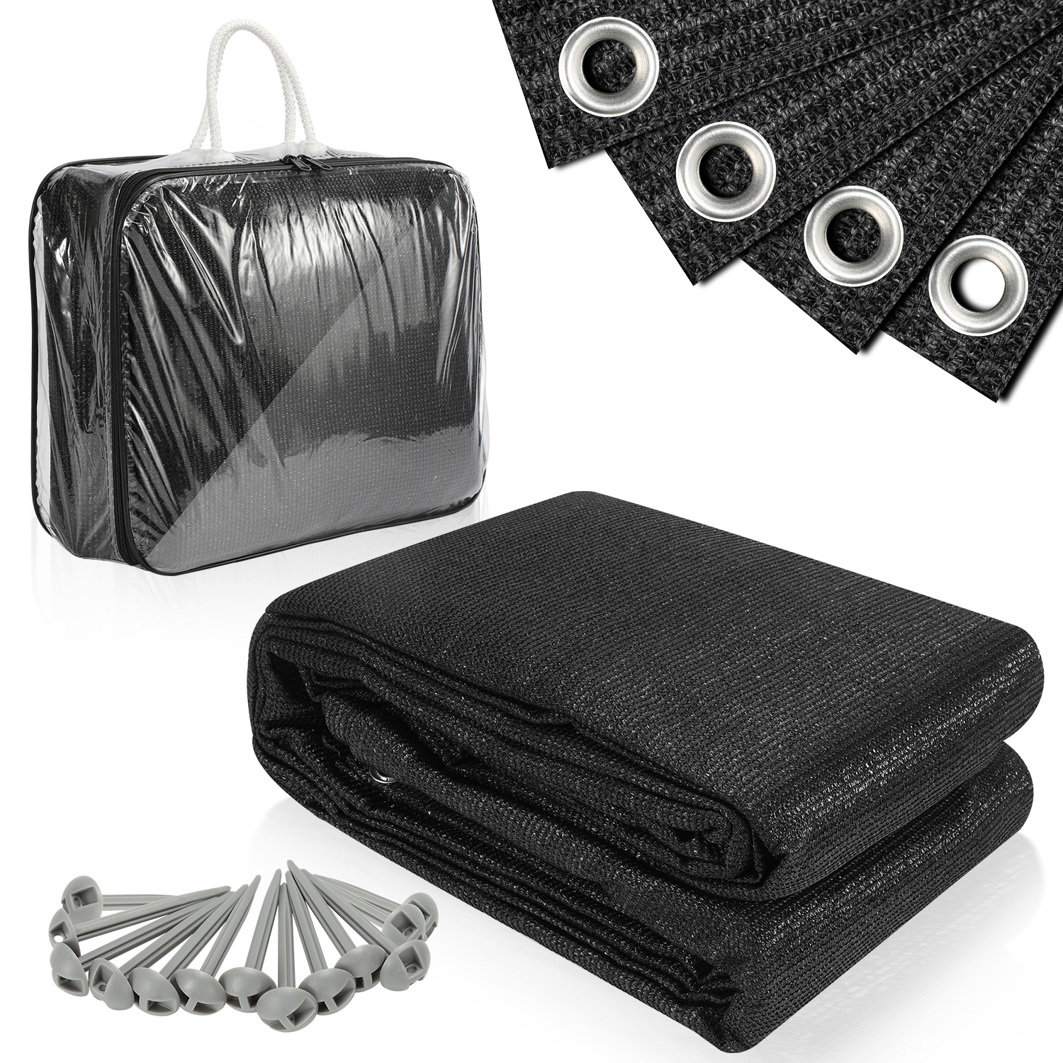 Jiubiaz Campingteppich Aus Hdpe, 240 G/m², Schwarz - 250 X 400 Cm, 1 Teppich, Inkl. 13 Heringe, Uv-stabil, Beidseitig Nutzbar