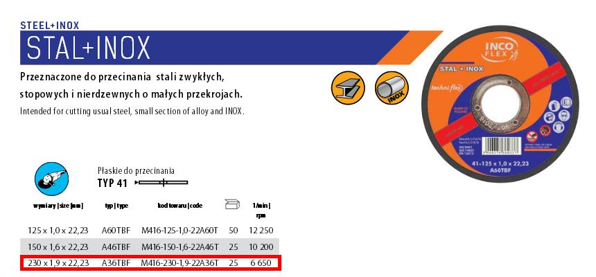 Incoflex Tarcza Do Metalu 230 X 1,9mm Inox