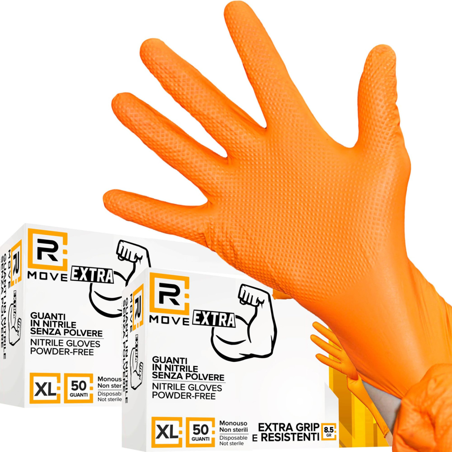 R Move Nitrilhandschuhe Orange Puderfrei Full Grip 8,5 Gr - Größe Xl - 100 Stück