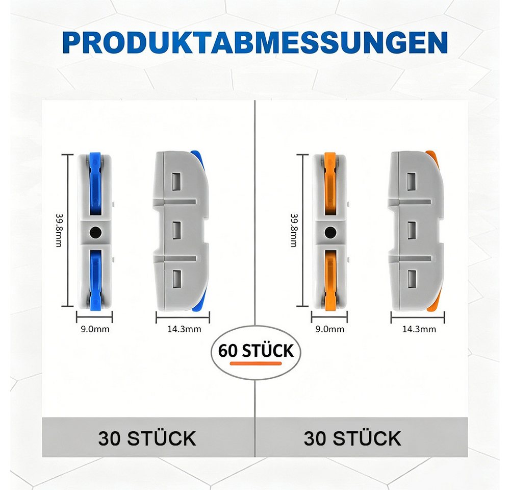 AFKSMILE Verbindungsklemme 60 Stück Hebel-Kabelverbinder,Schnellverbindungs Set, Inline Klemmen, 60-tlg., 28-12 AWG,1 Ein 1 Aus,aus isolierendem PC-Material,wiederverwendbar Bild 5