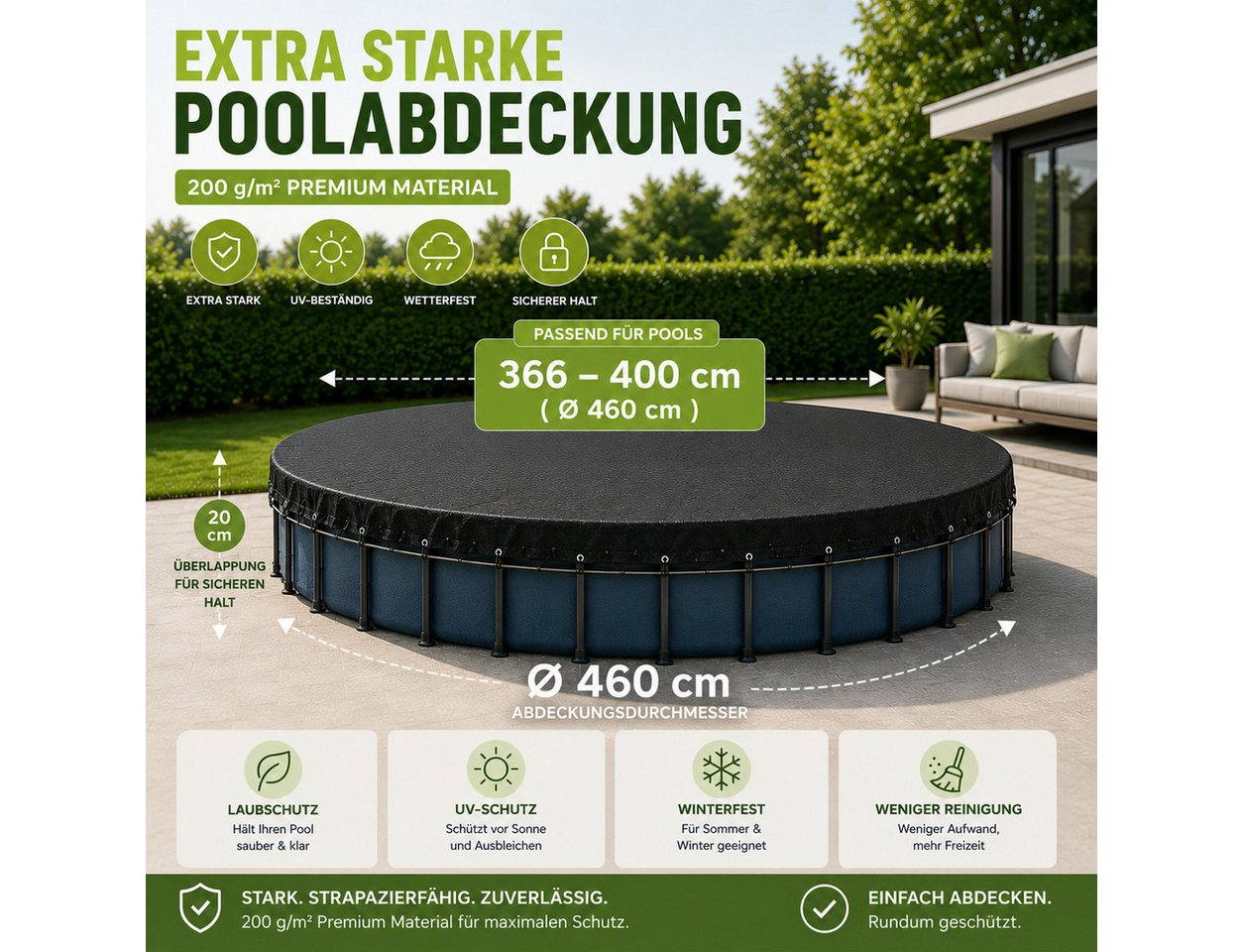 Gartiva® Poolüberdachung Schwarze runde Poolabdeckplane, 200 g/m², in sieben Größen Bild 5