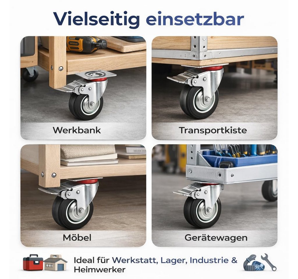 TK Gruppe Schwerlastrolle 4 Lenkrollen, davon 2 mit Bremse, Ø 5, 7,5 oder 10 cm, (4er Set), 4 Stück, zwei davon mit Bremsen Bild 2