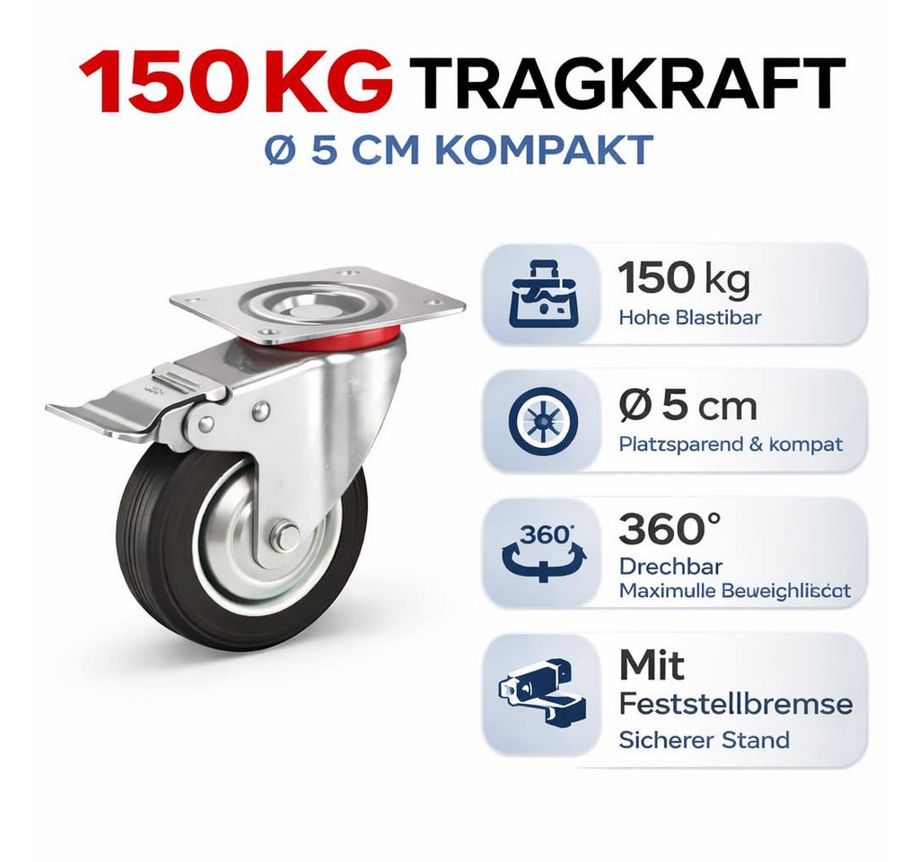 TK Gruppe Schwerlastrolle 4 Lenkrollen, davon 2 mit Bremse, Ø 5, 7,5 oder 10 cm, (4er Set), 4 Stück, zwei davon mit Bremsen Bild 4