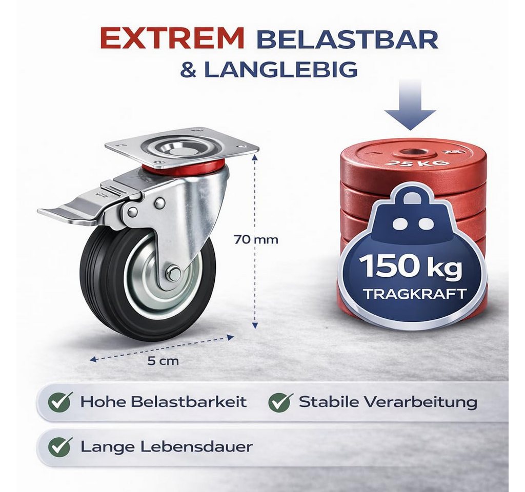 TK Gruppe Schwerlastrolle 4 Lenkrollen, davon 2 mit Bremse, Ø 5, 7,5 oder 10 cm, (4er Set), 4 Stück, zwei davon mit Bremsen Bild 5