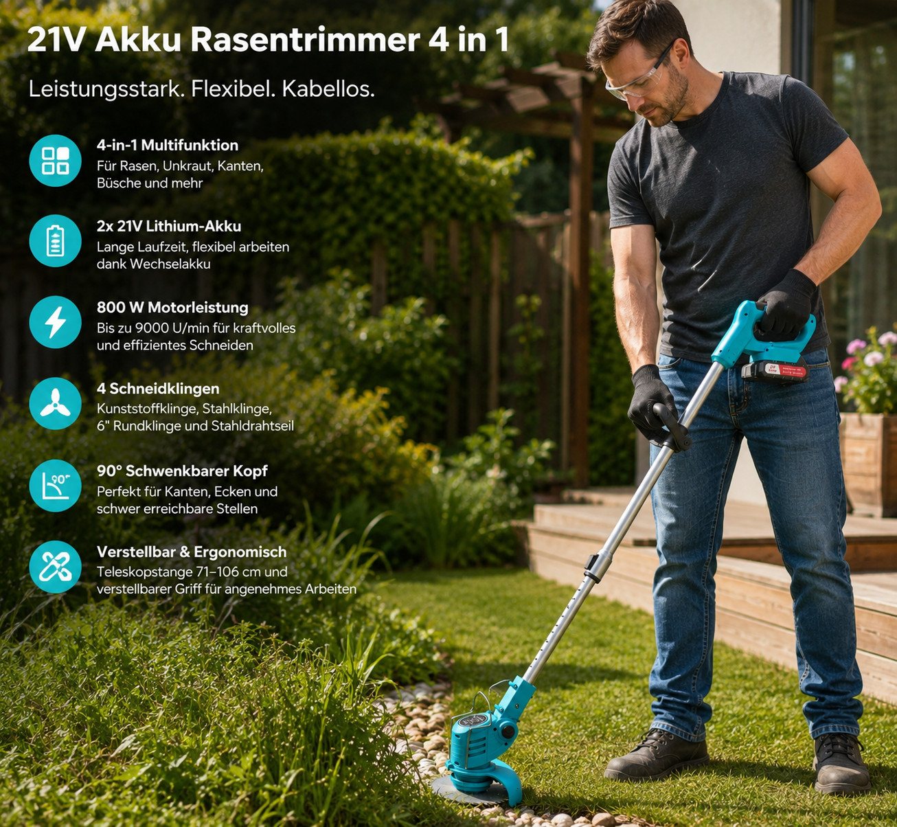 TSE Akku-Rasentrimmer X-COTEC 21V Akku Rasentrimmer 4in1 800W 2 Akkus 90° Teleskop 4 Klingen, 4-in-1 Funktion, 2 Akkus, 4 Klingentypen, 9000 U/min, 90° Schwenkkopf Bild 3