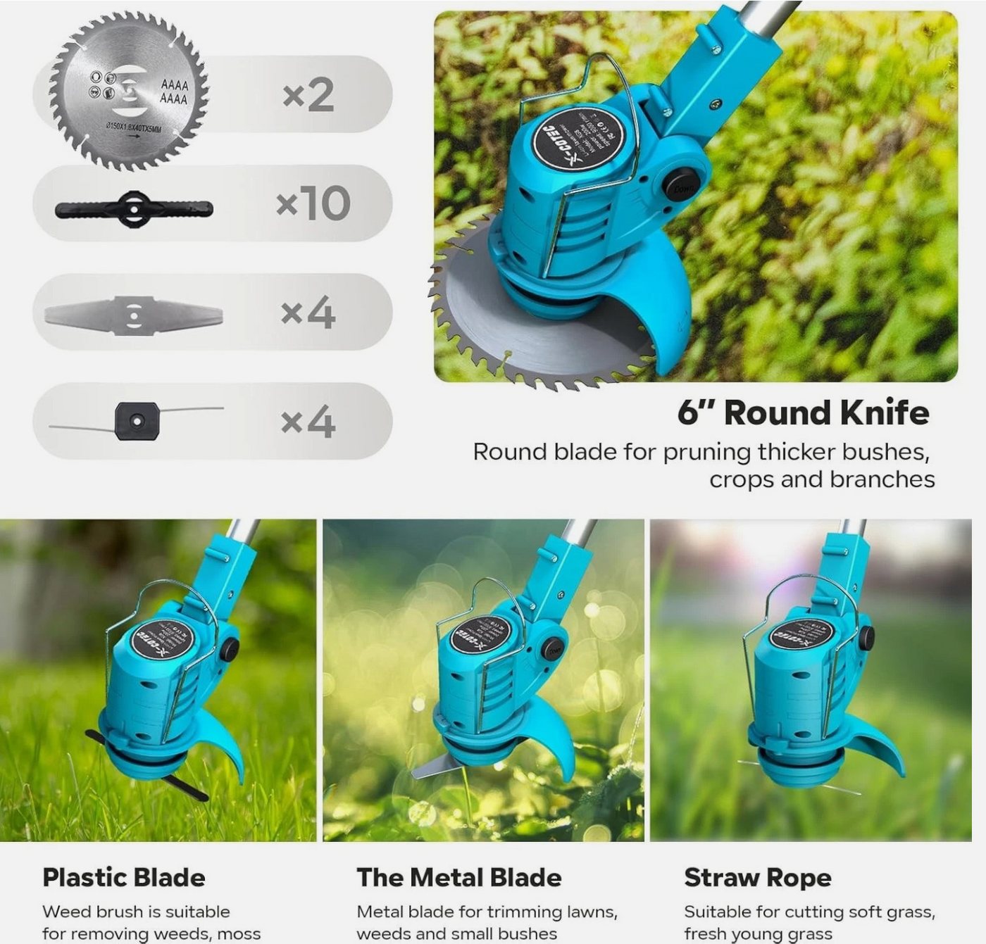 TSE Akku-Rasentrimmer X-COTEC 21V Akku Rasentrimmer 4in1 800W 2 Akkus 90° Teleskop 4 Klingen, 4-in-1 Funktion, 2 Akkus, 4 Klingentypen, 9000 U/min, 90° Schwenkkopf Bild 4