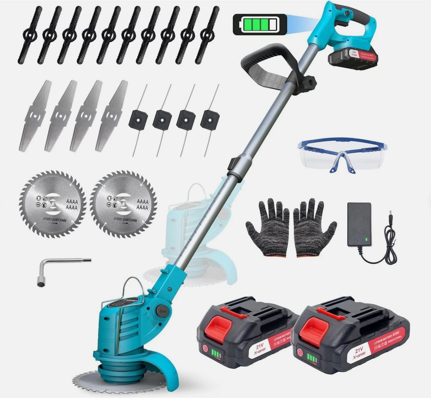 TSE Akku-Rasentrimmer X-COTEC 21V Akku Rasentrimmer 4in1 800W 2 Akkus 90° Teleskop 4 Klingen, 4-in-1 Funktion, 2 Akkus, 4 Klingentypen, 9000 U/min, 90° Schwenkkopf Bild 5