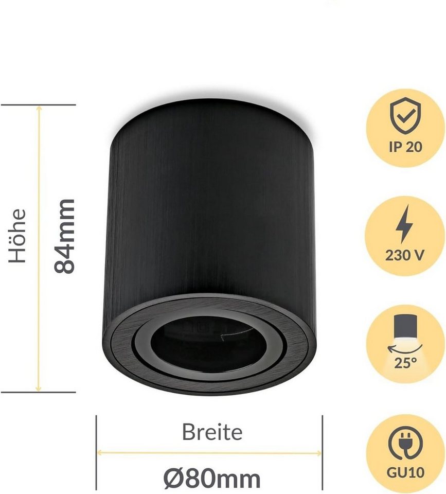 Sweet LED Aufbauleuchte 4 stück GU10 rund schwarz Aluminium 230V deckenspots schwenkbar, ohne Leuchtmittel, Aufbaustrahler LED, Aufbauspot, Deckenstrahler