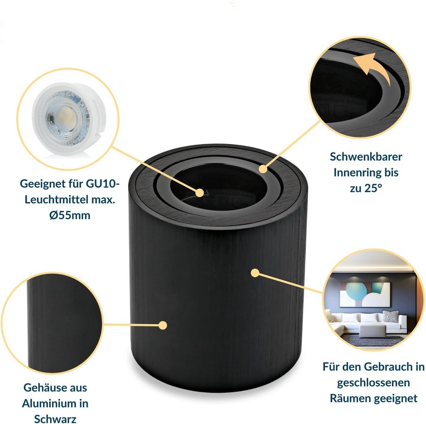Sweet LED Aufbauleuchte 4 stück GU10 rund schwarz Aluminium 230V deckenspots schwenkbar, ohne Leuchtmittel, Aufbaustrahler LED, Aufbauspot, Deckenstrahler Bild 3