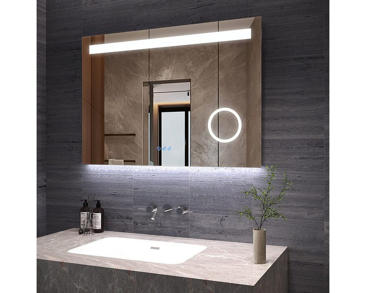 AQUABATOS Badspiegel Badspiegel mit Beleuchtung Badezimmerspiegel 100x70 cm (Wandspiegel LED Spiegel mit Licht Kaltweiß 6400K Neutralweiß 4500K Warmweiß 3000K Kosmetikspiegel Rasierspiegel 3 Fach Vergrösserung, hochwertiger Aluminiumrahmen, Touch-Schalter, Memory-Funktion), Dimmbar, Beschlagfrei, 3 Lichtfarben, IP44, Energiesparend Bild 3