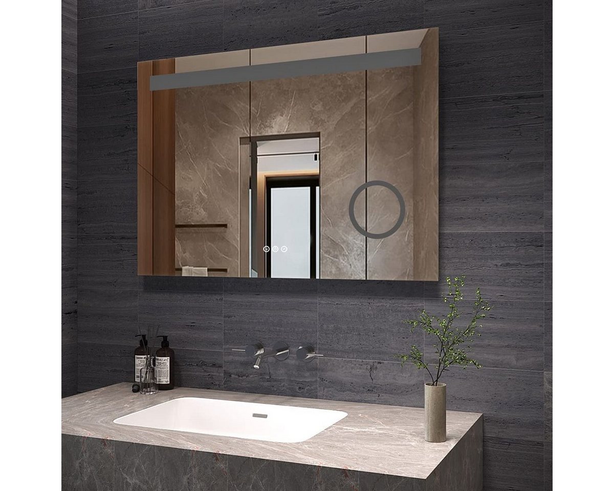 AQUABATOS Badspiegel Badspiegel mit Beleuchtung Badezimmerspiegel 100x70 cm (Wandspiegel LED Spiegel mit Licht Kaltweiß 6400K Neutralweiß 4500K Warmweiß 3000K Kosmetikspiegel Rasierspiegel 3 Fach Vergrösserung, hochwertiger Aluminiumrahmen, Touch-Schalter, Memory-Funktion), Dimmbar, Beschlagfrei, 3 Lichtfarben, IP44, Energiesparend Bild 4