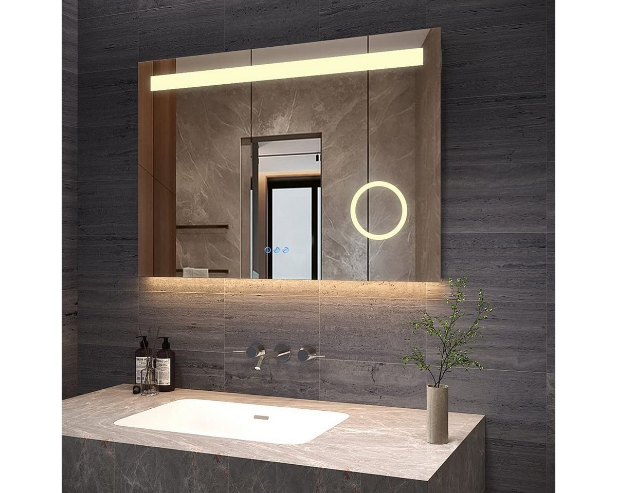 AQUABATOS Badspiegel Badspiegel mit Beleuchtung Badezimmerspiegel 100x70 cm (Wandspiegel LED Spiegel mit Licht Kaltweiß 6400K Neutralweiß 4500K Warmweiß 3000K Kosmetikspiegel Rasierspiegel 3 Fach Vergrösserung, hochwertiger Aluminiumrahmen, Touch-Schalter, Memory-Funktion), Dimmbar, Beschlagfrei, 3 Lichtfarben, IP44, Energiesparend Bild 5