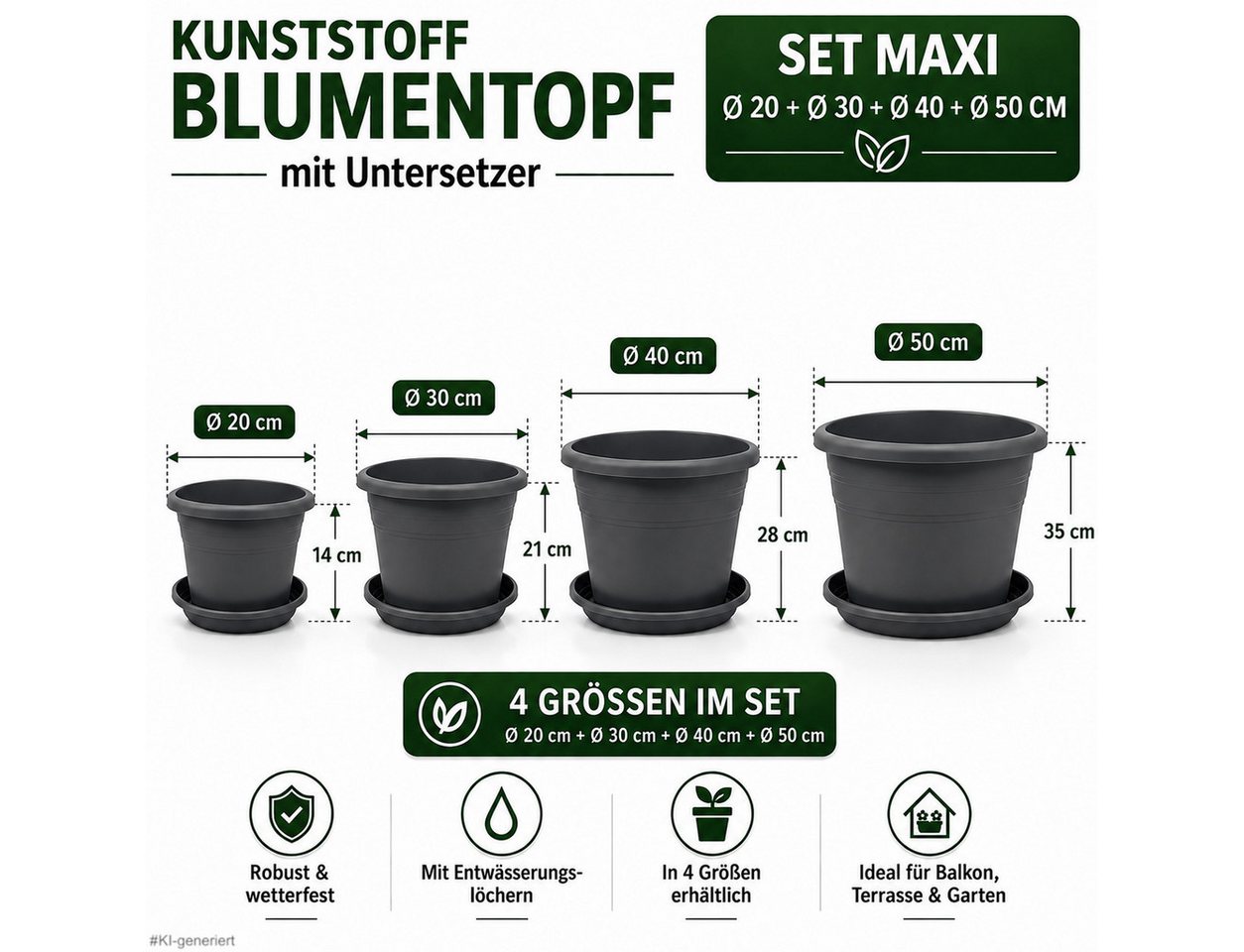steinwohn Blumentopf mit Untersetzer - Kunststoff -, Runde Pflanzkübel für Balkon, Terrasse & Garten