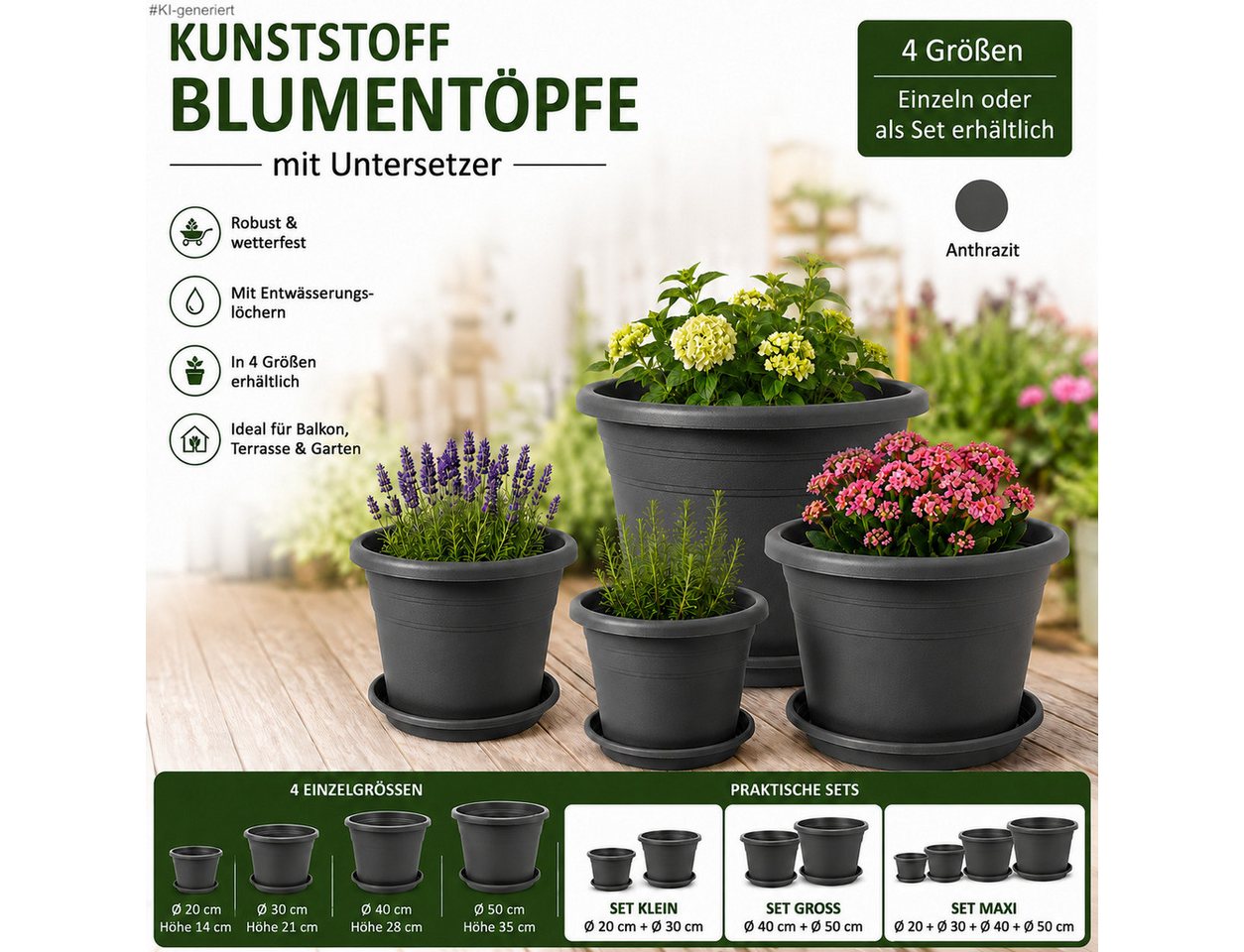 steinwohn Blumentopf mit Untersetzer - Kunststoff -, Runde Pflanzkübel für Balkon, Terrasse & Garten Bild 3