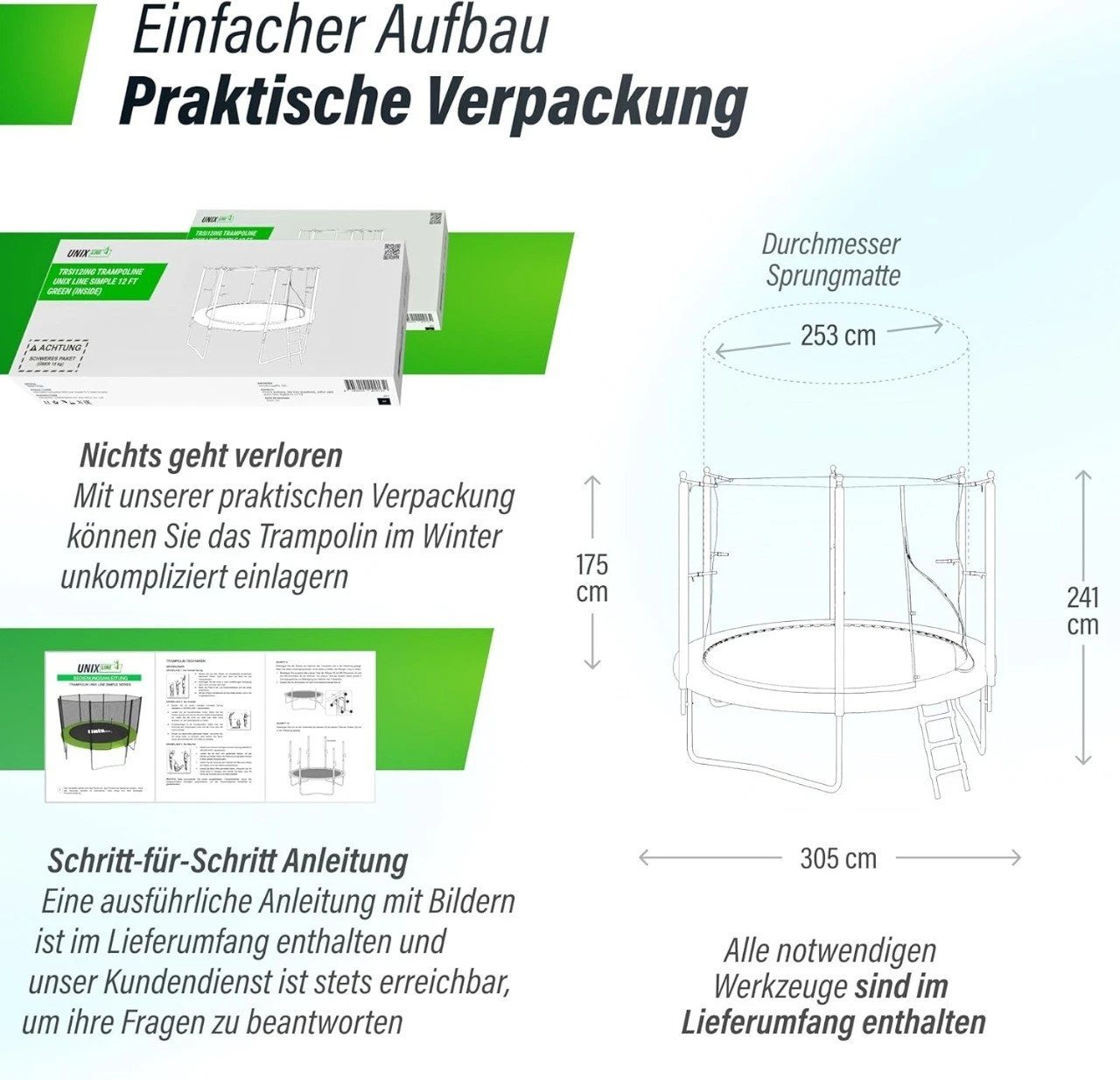 UNIXFIT Gartentrampolin Unix Line Outdoor Trampolin 244/305/366, Ø 305 cm, mit Leiter und Innensicherheitsnetz Bild 4