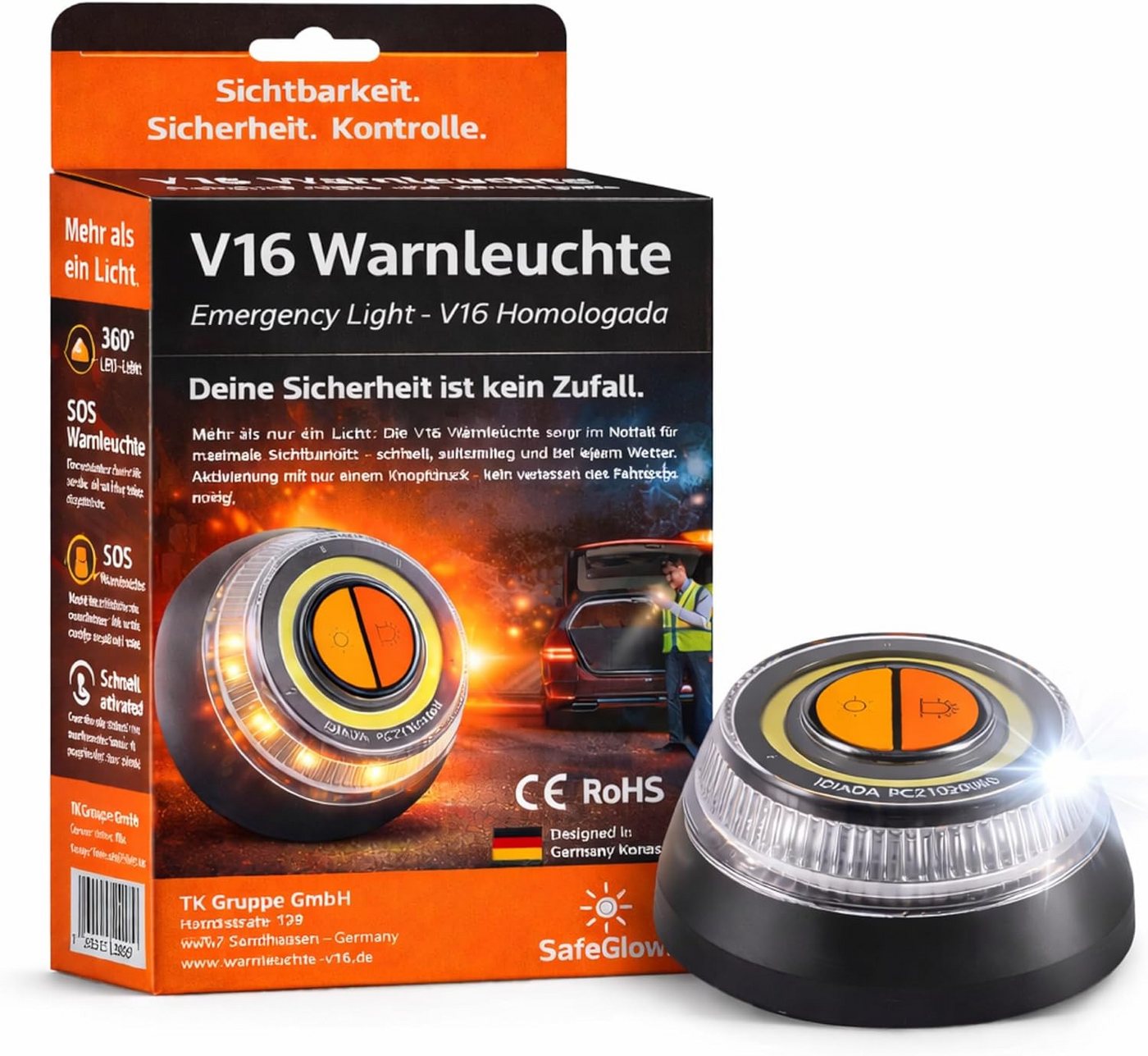 Safeglow LED-Warndreieck V16-Warnleuchte mit Magnetfuß, Ausführung und Menge nach Wahl (Packung)