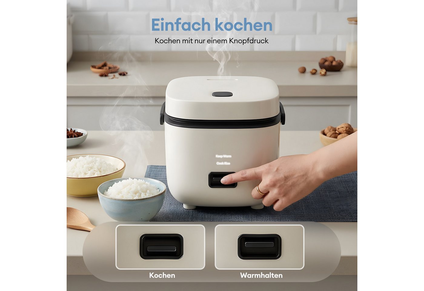 CkeyiN Pro Reiskocher Klein,1,5L Mini Reiskocher Tragbar,Multikocher Kleiner Reiskocher, 200 W, mit Dampfgarer,Antihaftbeschichtetem,Warmhalten,für 1-2 Personen Bild 2