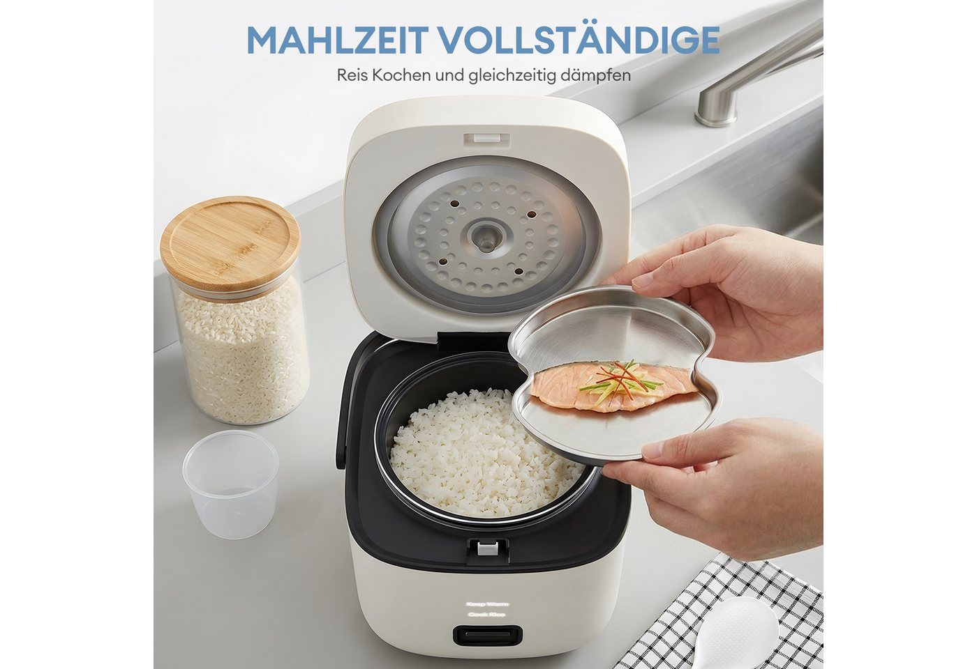 CkeyiN Pro Reiskocher Klein,1,5L Mini Reiskocher Tragbar,Multikocher Kleiner Reiskocher, 200 W, mit Dampfgarer,Antihaftbeschichtetem,Warmhalten,für 1-2 Personen Bild 3
