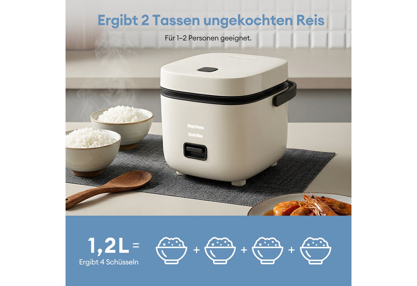 CkeyiN Pro Reiskocher Klein,1,5L Mini Reiskocher Tragbar,Multikocher Kleiner Reiskocher, 200 W, mit Dampfgarer,Antihaftbeschichtetem,Warmhalten,für 1-2 Personen Bild 5