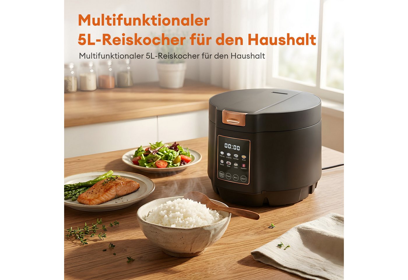 CkeyiN Pro Reiskocher Groß,5L Multikocher,Intelligenter Rice Cooker,9 Programmen, 1200 W, Reservierungsfunktion,Zeitsteuerung,mit Messbecher&Reislöffel Bild 2