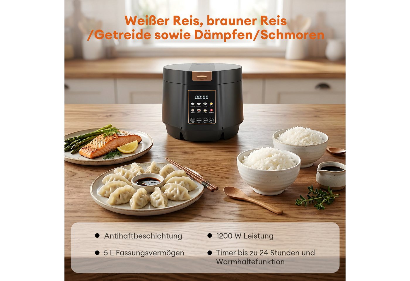 CkeyiN Pro Reiskocher Groß,5L Multikocher,Intelligenter Rice Cooker,9 Programmen, 1200 W, Reservierungsfunktion,Zeitsteuerung,mit Messbecher&Reislöffel Bild 4