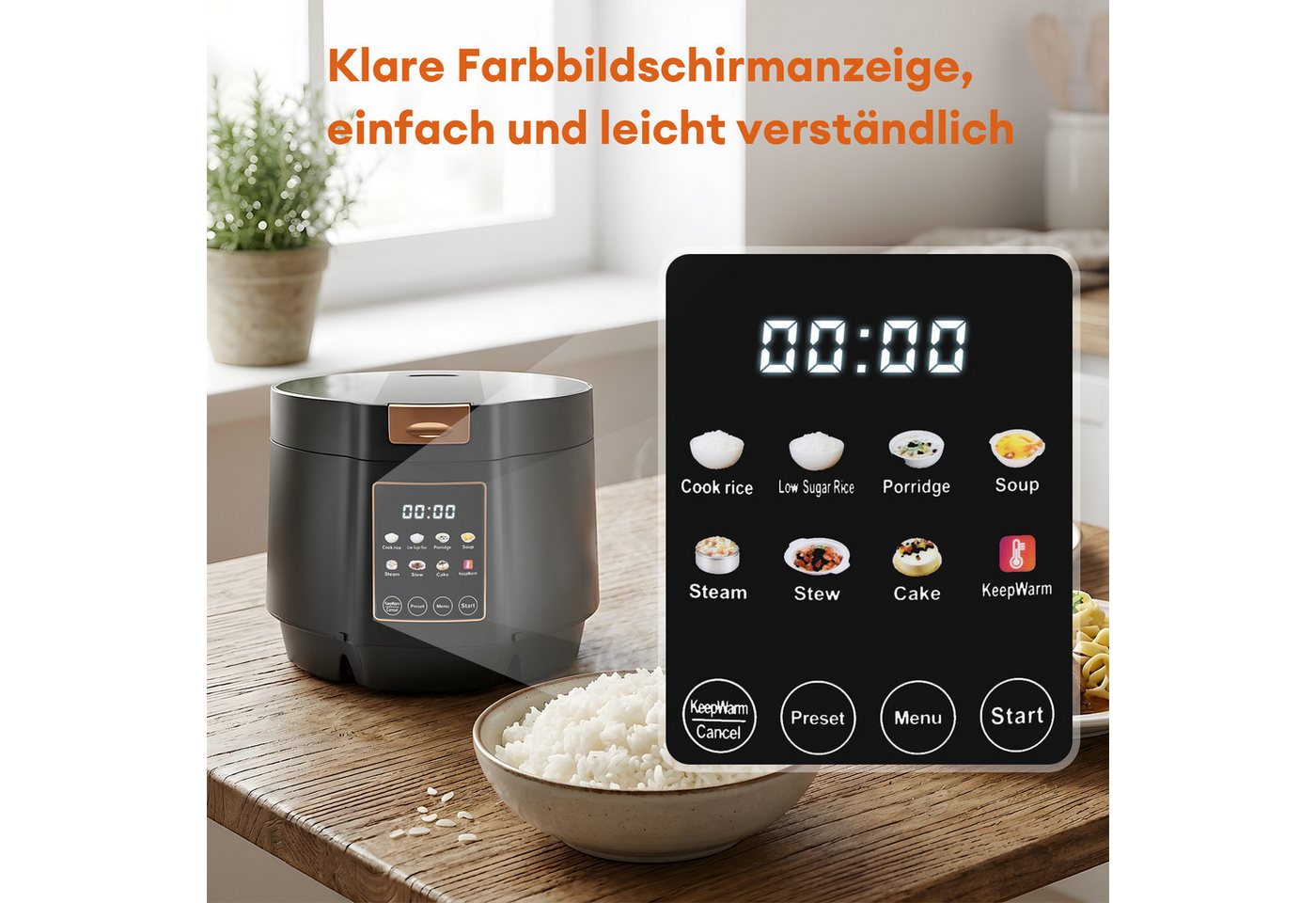 CkeyiN Pro Reiskocher Groß,5L Multikocher,Intelligenter Rice Cooker,9 Programmen, 1200 W, Reservierungsfunktion,Zeitsteuerung,mit Messbecher&Reislöffel Bild 5