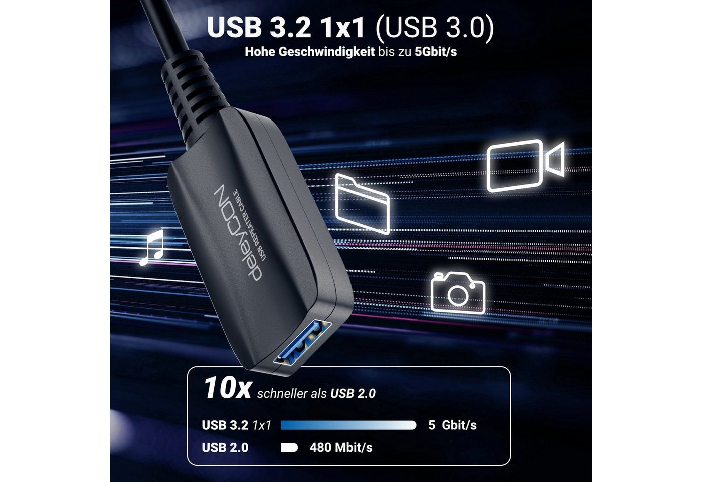 deleyCON deleyCON 5m Aktive USB Verlängerung USB 3.2 Gen1 mit 5GBit/s USB-A USB-Kabel Bild 2