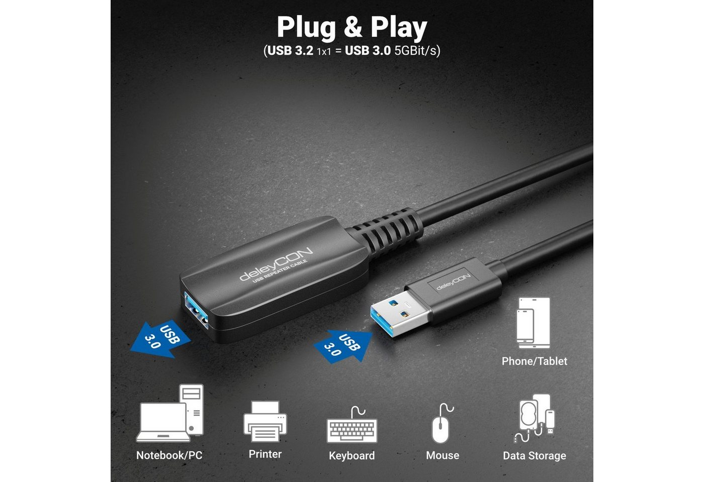 deleyCON deleyCON 5m Aktive USB Verlängerung USB 3.2 Gen1 mit 5GBit/s USB-A USB-Kabel Bild 5