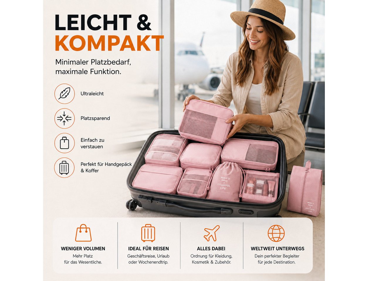 Travelfreund® Kofferorganizer 8-teiliges Kofferorganizer-Set mit Packtaschen und Kosmetiktasche (Set, 8-tlg., 8x Packtaschen), Faltbar / Verstaubar / Wasserabweisend