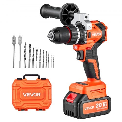 VEVOR Akku-Schlagbohrschrauber 20V 12,7 mm 26000 IPM 500 U/min/2.000 U/min, zum Bohren in Holz & Metall sowie zum Schrauben, 4000-mAh-Lithium-Ionen-Akku & Ladegerät, mit Ganzmetall-Bohrfutter, 90 Nm