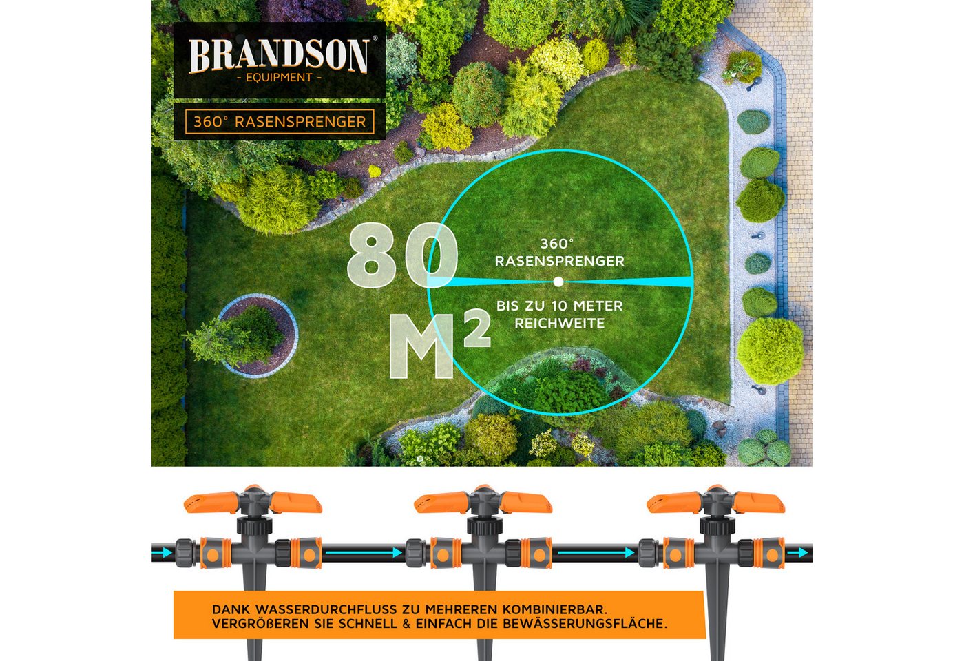 Brandson Kreisregner im 2er-Set, 3-Arm-Rasensprenger mit 360°-Rotation, je bis 80 m², 15 einstellbare Düsen, aus ABS-Kunststoff